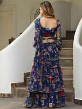 Navy Bloom || Floral Printed Ruffle Lehenga Saree