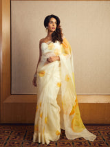 Elegant White & Yellow Floral Organza Saree ✨